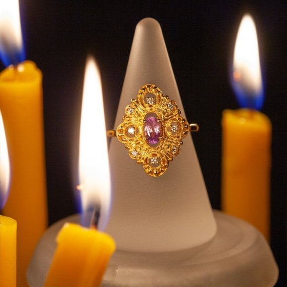 Natural Alexandrite Diamond 18k Yellow Gold Vintage Filigree Ring - Picture 3 of 6